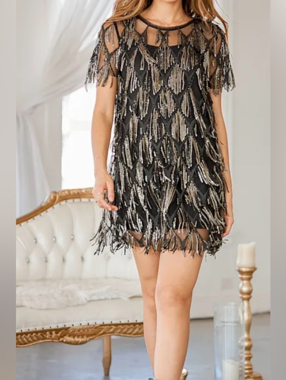 Lulus NWT On the Dance Floor Black Sequin Fringe Shift Dress Medium - Picture 6 of 6
